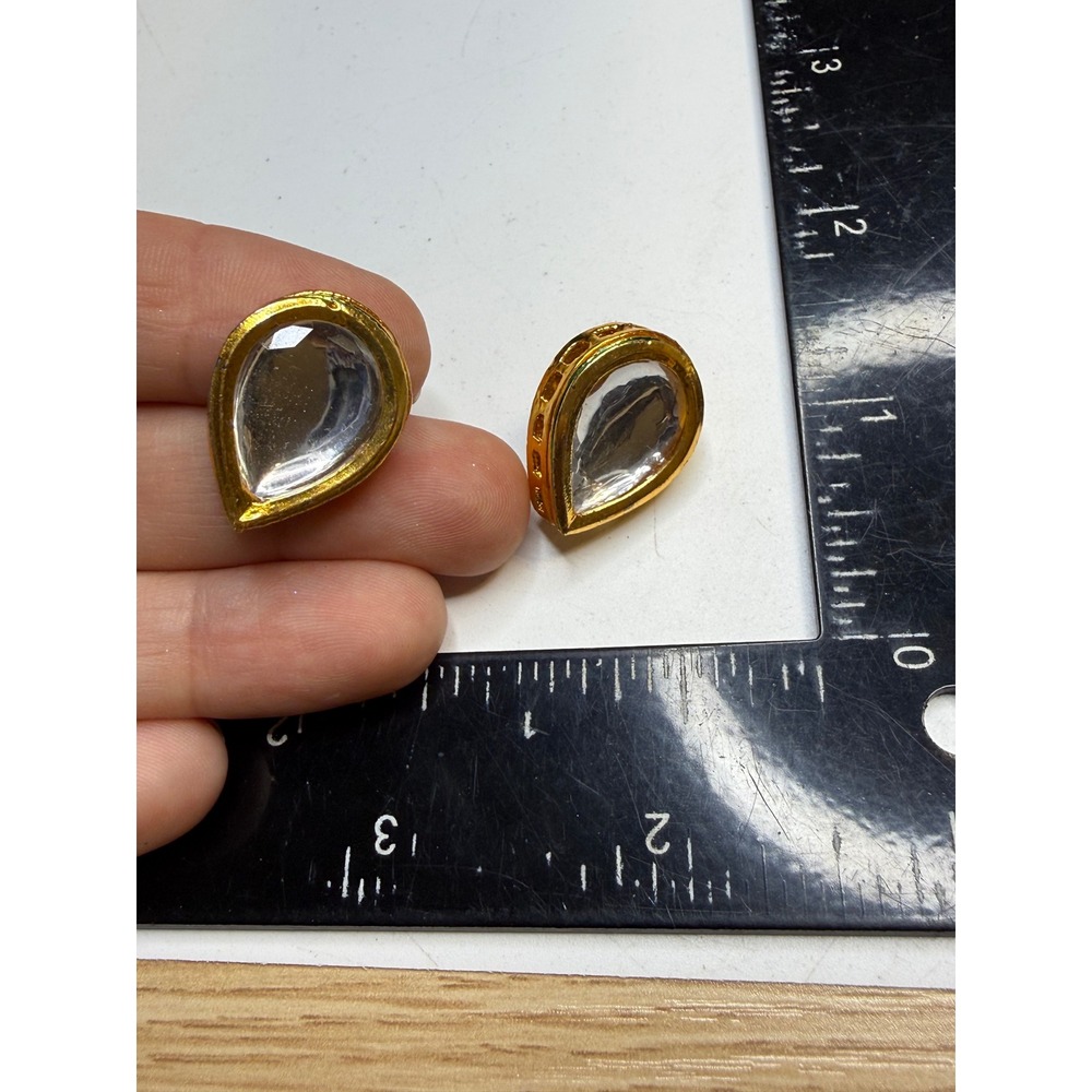 Gold Tone Teardrop Enamel Floral Stud Earrings Clear Faceted Stone Reversible